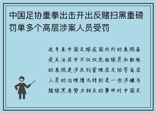 中国足协重拳出击开出反赌扫黑重磅罚单多个高层涉案人员受罚