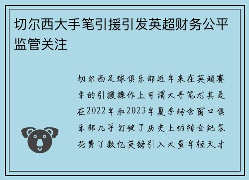 切尔西大手笔引援引发英超财务公平监管关注