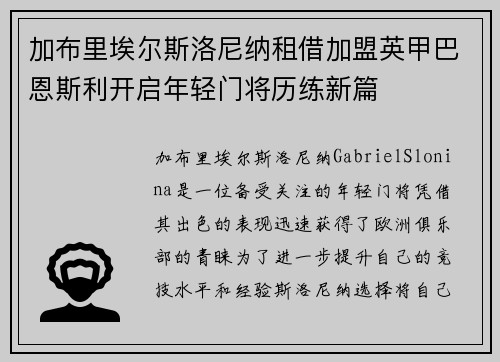 加布里埃尔斯洛尼纳租借加盟英甲巴恩斯利开启年轻门将历练新篇