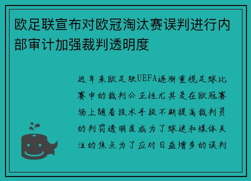 欧足联宣布对欧冠淘汰赛误判进行内部审计加强裁判透明度